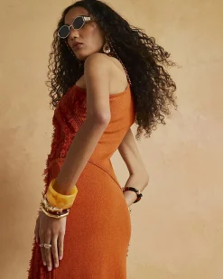 Orange Knitted Asymmetric Fringe Top