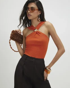 Orange Knitted Halter Neck Brooch Top