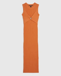 Orange Knitted Sleeveless Midi Dress