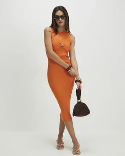 Orange Knitted Sleeveless Midi Dress