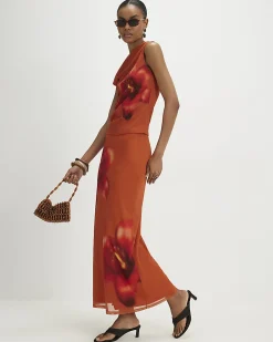 Orange Mesh Floral Print Maxi Skirt