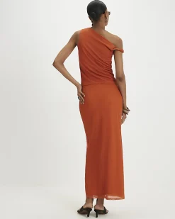 Orange Mesh Floral Print Maxi Skirt