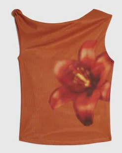 Orange Mesh Floral Print Top