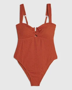 Orange Metal Trim Textured Swimsuit