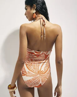 Orange Metallic Print Halter Neck Swimsuit