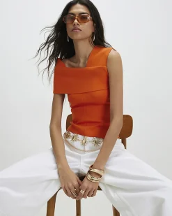 Orange One Shoulder Bardot Knit Top