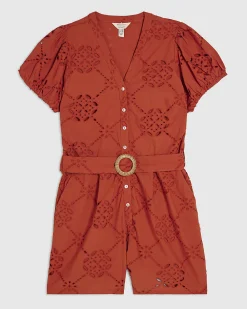 Orange Poplin Broderie Cutwork Playsuit