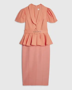 Orange Premium Pleated Peplum Pencil Dress