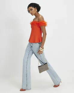 Orange Satin Bardot Feather Trim Corset Top