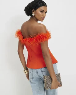 Orange Satin Bardot Feather Trim Corset Top