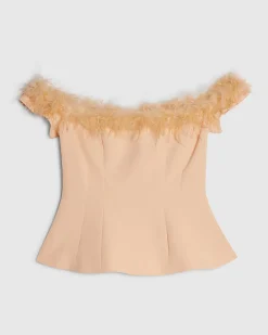 Orange Satin Bardot Feather Trim Corset Top