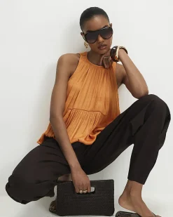 Orange Satin Sleeveless Top
