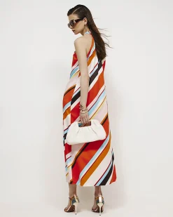 Orange Stripe Halter Neck Satin Maxi Dress