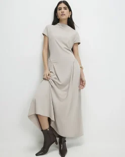 Petite Beige Fitted Waist Maxi Dress