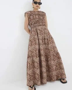 Petite Beige Leopard Print Tiered Maxi Dress