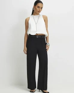 Petite Black Belted Straight Leg Trousers