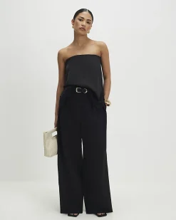 Petite Black Belted Wide Leg Trousers