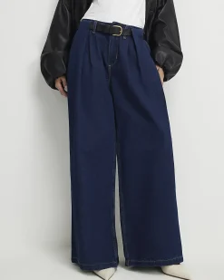 Petite Blue Belted Pleated Wide Leg Jeans