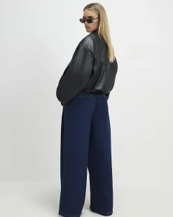 Petite Blue Belted Pleated Wide Leg Jeans