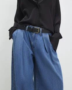Petite Blue Belted Pleated Wide Leg Jeans