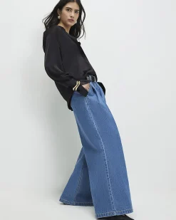 Petite Blue Belted Pleated Wide Leg Jeans
