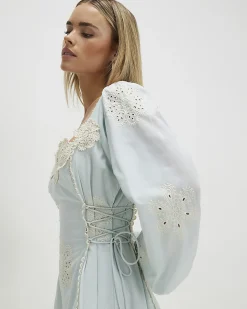 Petite Blue Broderie Daisy Mini Dress
