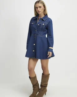 Petite Blue Denim Long Sleeve Shirt Dress