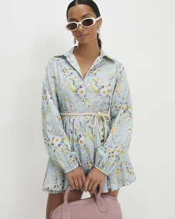Petite Blue Floral Belted Shirt Mini Dress