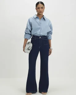 Petite Blue Front Pocket Flared Jeans