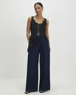 Petite Blue High Rise Pleated Wide Leg Jeans