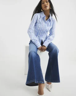 Petite Blue High Waisted Relaxed Flare Jeans