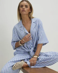 Petite Blue Linen Blend Stripe Tie Shirt