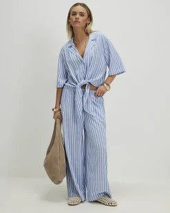 Petite Blue Linen Blend Stripe Tie Shirt