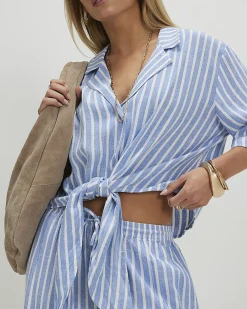 Petite Blue Linen Blend Stripe Tie Shirt