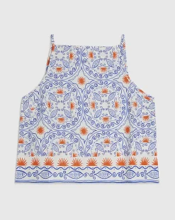 Petite Blue Print Linen Blend Tank Top