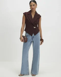 Petite Brown Cap Sleeve Twill Waistcoat