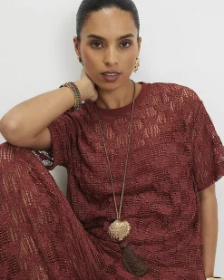 Petite Brown Crochet Lace Top