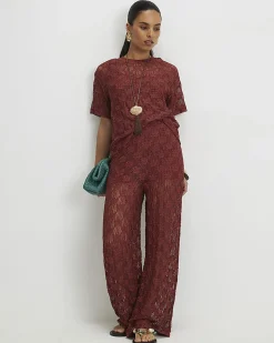 Petite Brown Crochet Lace Top