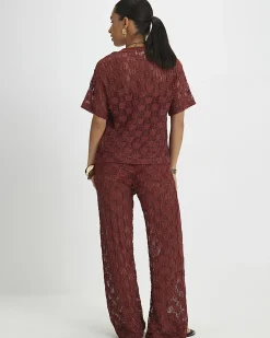 Petite Brown Crochet Lace Trousers
