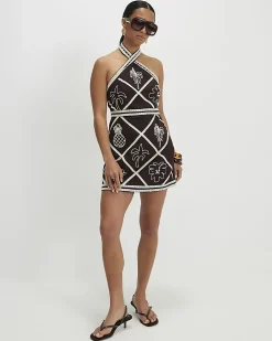 Petite Brown Embroidered Halter Mini Dress