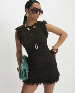 Petite Brown Knitted Fringe Trim Mini Dress
