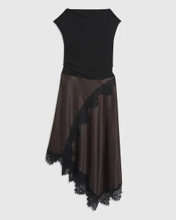 Petite Brown Lace Hybrid Drape Midi Dress