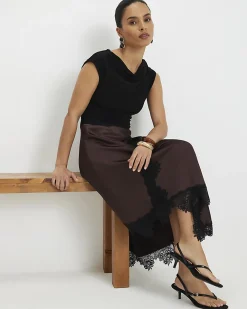 Petite Brown Lace Hybrid Drape Midi Dress