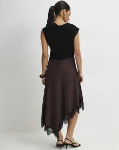 Petite Brown Lace Hybrid Drape Midi Dress