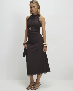 Petite Brown Lace Trim Textured Dress