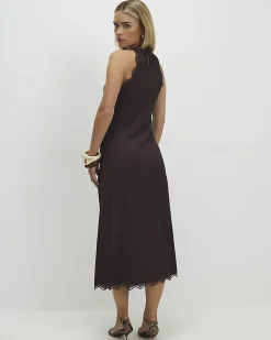 Petite Brown Lace Trim Textured Dress
