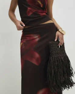 Petite Brown Mesh Floral Print Maxi Skirt