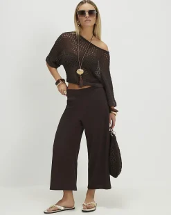 Petite Brown Pull On Textured Culottes