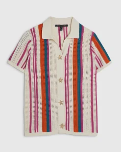 Petite Cotton Cream Striped Crochet Shirt
