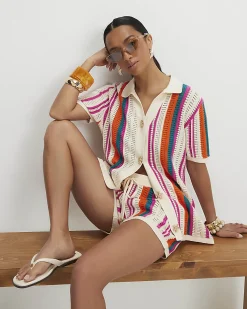 Petite Cotton Cream Striped Crochet Shirt